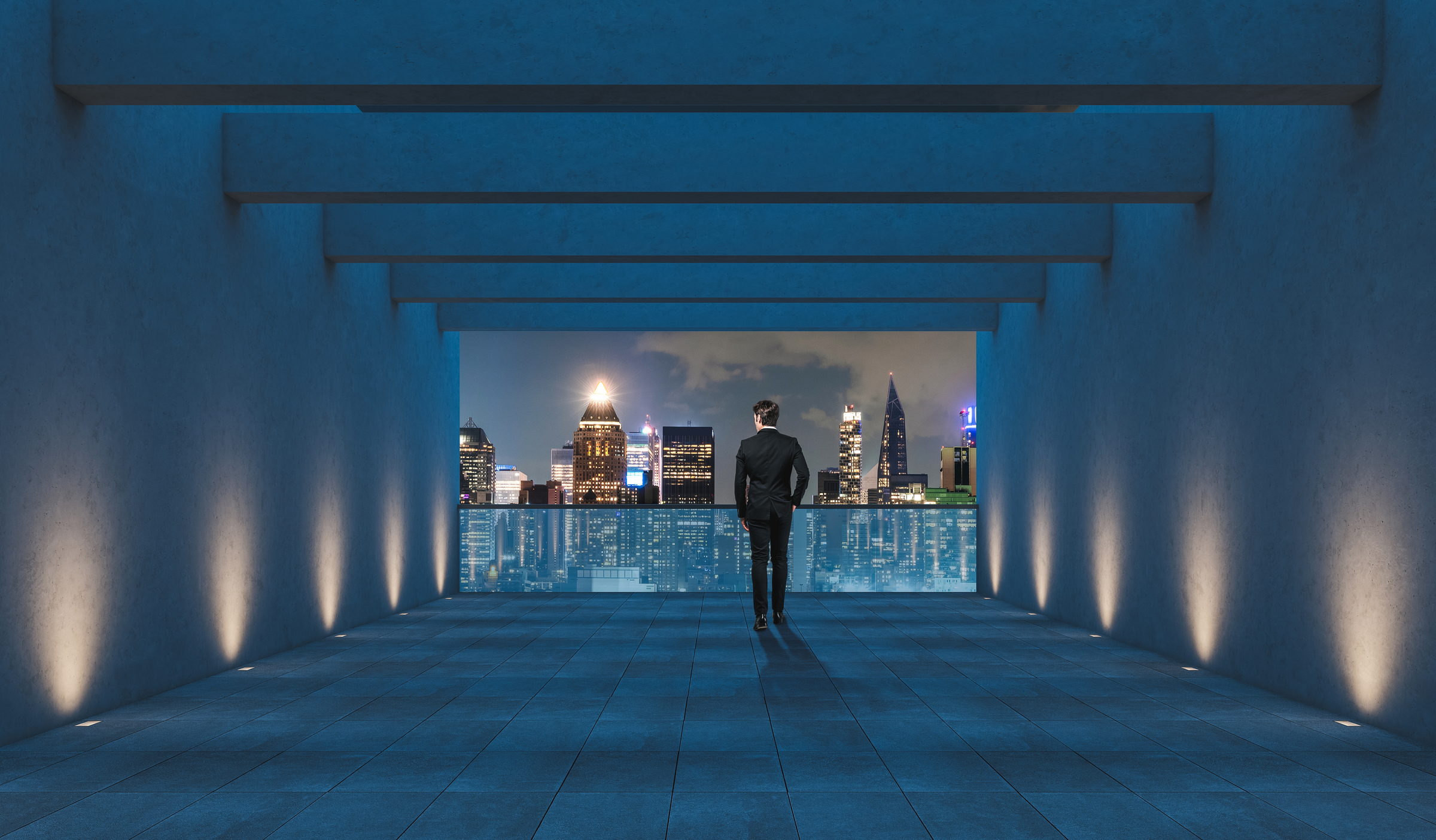 A figure looking out over a city skyline at night